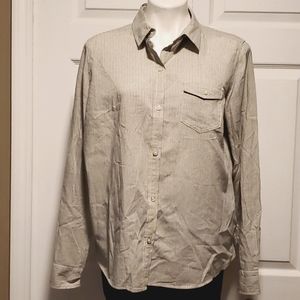 Banana Republic Gray/Cream Stripes Button Down Women's Long Sleeve Shirt - Large